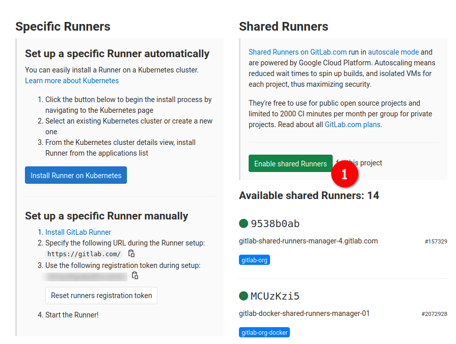 Activate the swarm runner, desactivate the shared runners